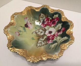 Gorgeous Antique Nippon? Bowl Gilt Hand Painted Floral Scalloped Edge 11 "