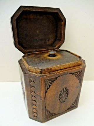 Antique Mid 19thc English Carved Treen Octagonal Shaped Tea Caddy.