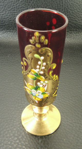 Antique Bohemian Moser Hand Painted Cranberry Gold Art Glass Shot Cup