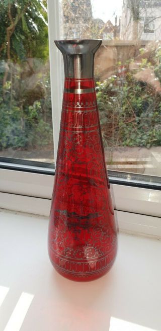 Vintage Art Deco Czech Silver Overlay Red Glass Vase