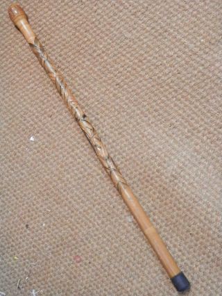 Antique Hand Carved Japanese Samurai Man And Carp With Ball Root Walking Stick