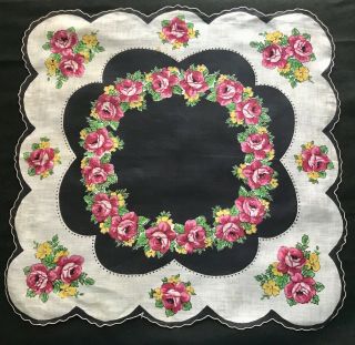 Old Vintage Colorful Red Roses On Black Handkerchief 15 " Sq,  Scalloped Edge