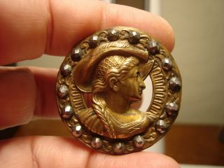 Antique Brass Pierced Woman With Hat And Braid Steel Rivet Border Large Button