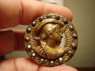 Antique brass pierced WOMAN with HAT and BRAID steel rivet border LARGE button 2