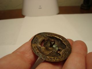 Antique brass pierced WOMAN with HAT and BRAID steel rivet border LARGE button 3