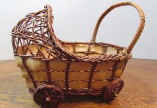 Vintage Brown Wicker Baby Doll Bed Cradle Crib Bassinet Stroller 5 " Long