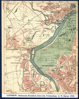 Antique Map London Richmond Brentford Isleworth Twickenham G W Bacon 1910