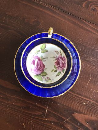 Aynsley Tea Cup Saucer Cobalt Blue Floral Roses Gold