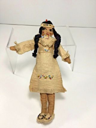 Vintage,  Handmade 8 - 1/4 " Native American Girl Felt Doll W/ Beadwork,  Souvenir
