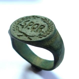 Roman Ancient Artifact Bronze Legionary Massive Ring With Spqr