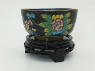 Antique Chinese Cloisonne Bowl Multi Color Florals Cobalt Blue Rice Tea