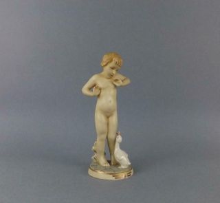 A Exquisite Antique Art Deco Porcelain Royal Dux Figurine Of Nude Boy With Goose