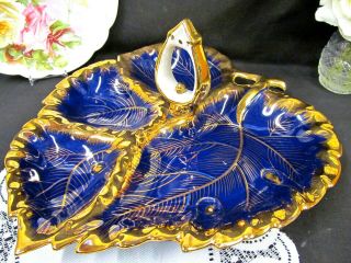 Antique Germany Cobalt Blue Gold Gild Divided Dish In A Leaf Pattern Bowl