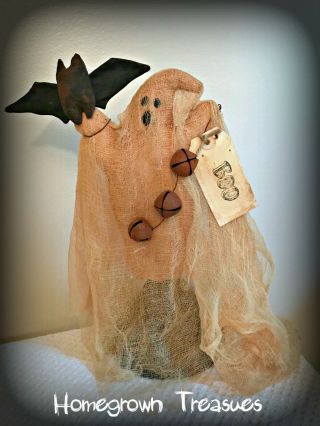Halloween Primitive Ghost With Bat On Old Funnel Shelf Sitter