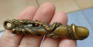 Old Thai Gilt Brass Palad Khik Fertility Amulet / Pendant : Dragon & Phallus