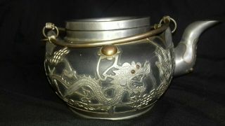 Antique Qing Chinese Export Yixing Stoneware & Pewter Mount Dragon Teapot Weihai