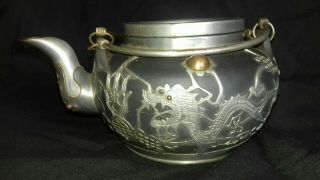 Antique Qing Chinese Export Yixing Stoneware & Pewter Mount Dragon Teapot Weihai 2
