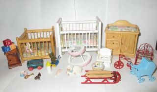 Vtg Dollhouse Baby Room Furniture Accessories Crib Walker Changing Table Playpin