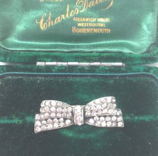 Vintage Jewellery Antique Art Deco Silver Ribbon Bow And Rhinestones Brooch Pin