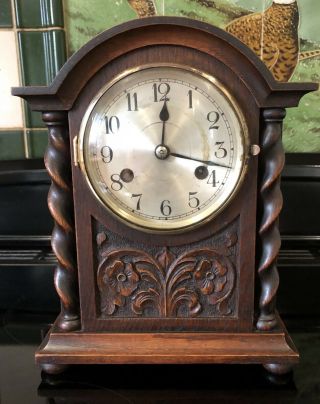 1920s Carved Oak Cased Chiming Mantel Clock - Barkey Twist Columns