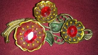Antique Art Deco Green Enamel Red Stone Gold Tone Flowers Brooch Pin