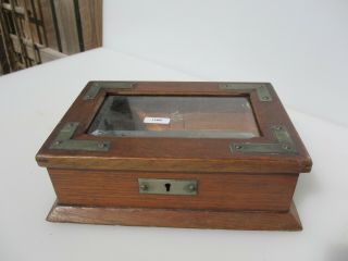 Antique Wooden Cigar? Box Brass Straps Storage Old Crate Wood Vintage Glass