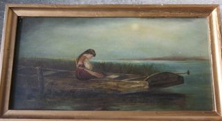 Antique Oil On Board Painting Sad Girl In Row Boat By The Water