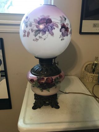 Antique Hurricane Lamp Hand Painted Pink Purple Burgundy Gone With The Wind