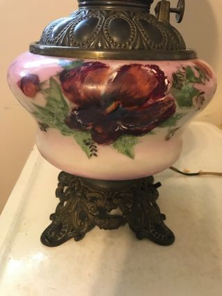 Antique Hurricane Lamp Hand Painted Pink Purple Burgundy Gone With The Wind 2