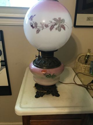 Antique Hurricane Lamp Hand Painted Pink Purple Burgundy Gone With The Wind 4