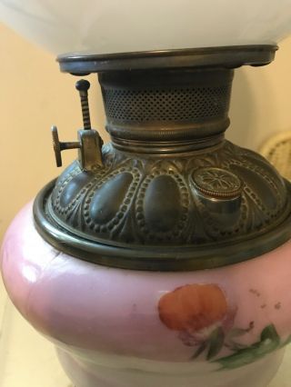 Antique Hurricane Lamp Hand Painted Pink Purple Burgundy Gone With The Wind 5