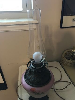 Antique Hurricane Lamp Hand Painted Pink Purple Burgundy Gone With The Wind 7