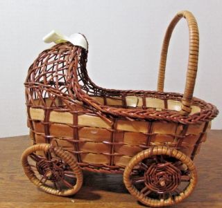 Vintage Brown Wicker Baby Doll Bed Cradle Crib Bassinet Stroller 7 " Long