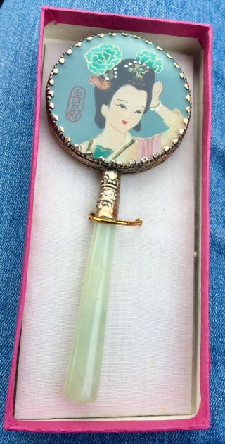Vintage Small Hand Held Mirror With Reverse Painting On Glass Of Geisha