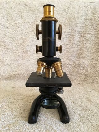 Bausch & Lomb Optical Co 1915.  Microscope 11”h With Box.  Antique Brass.