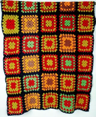 Vintage Granny Square Afghan Throw Blanket Hand Crocheted 40x28 Orange Black