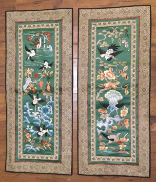 2 Silk Chinese Embroidery Wall Hanging Art - Birds Playing In Water,  Beijing China