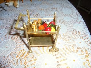 Vintage Doll House Brass Tea Cart W/3 Brass Cups & Blown Glass Fruit