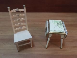 Vintage Dollhouse Miniature Table And Chair,  Hand - Painted Fantastic