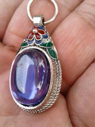 Naga Eye Purple Gemstone Silver Case Thai Amulet Charms Wealth Pendant Handmade.