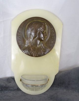 Antique French Large Onyx Wall Holy Water Font Virgin Marie Signed Rosa Mystica