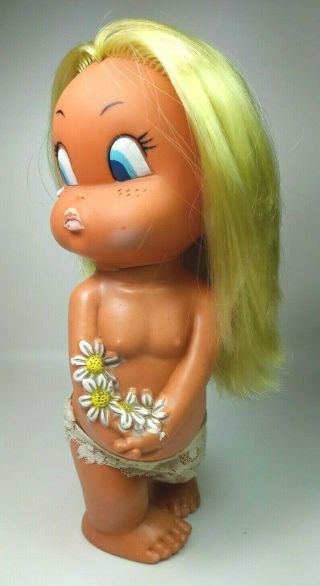 Vintage Rubber Blonde Crying Doll W/ Flowers Big Eyes 1960s,  Toyco 24cm