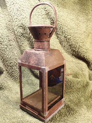 Antique 1800 - S Metal,  Glass Candle / Oil Lamp Lantern W Handle Scandinavia
