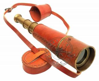 Vintage Antique Brass Leather Spyglass Telescope 18 " Old War Model With Cap Belt