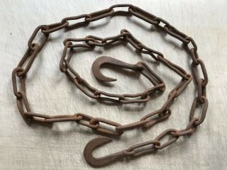 Antique Hand Forged Iron Chain And Hooks Large Links From Old Barn