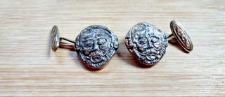 French Chain Cufflinks “old Man Face” Silver Art Noveau Vintage