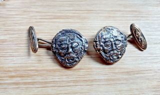 French Chain Cufflinks “Old Man Face” Silver Art Noveau Vintage 2