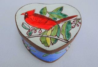 Vintage Chinese Cloisonne Lidded Box Trinket Pot Enamel Red Cardinal Bird Flower
