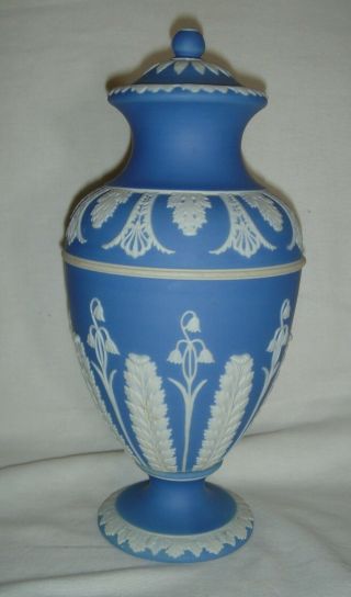 Lovely Antique Adams Pale Blue & White Jasper Ware Tall Lidded Vase - Bluebells