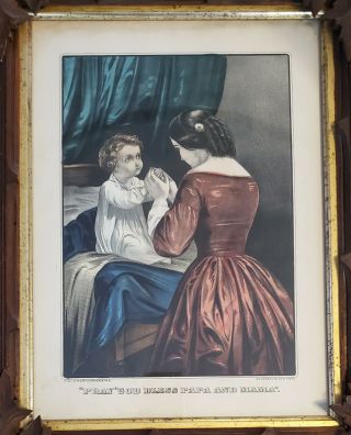 ANTIQUE CURRIER & IVES LITHOGRAPH - FRAMED Pray God Bless Papa and Mama 2
